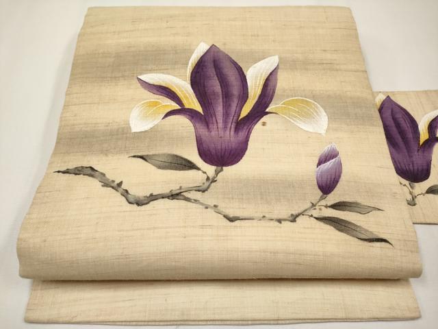 平和屋着物＊夏物　九寸名古屋帯　手描き　枝花文　麻　逸品　CABJ5887tx