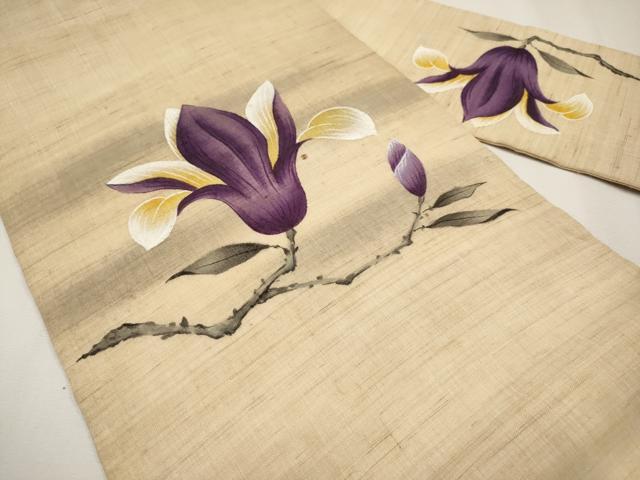 平和屋着物＊夏物　九寸名古屋帯　手描き　枝花文　麻　逸品　CABJ5887tx