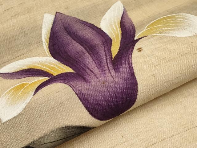 平和屋着物＊夏物　九寸名古屋帯　手描き　枝花文　麻　逸品　CABJ5887tx