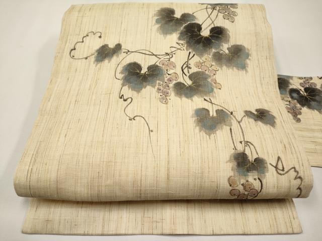平和屋着物＊夏物　染色作家　桐山紫香　手描き　九寸名古屋帯　葡萄蔦の葉文　金彩　麻　逸品　CABJ5888tx