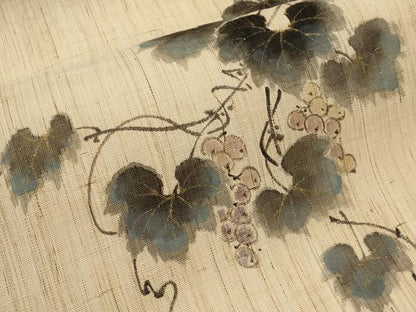 平和屋着物＊夏物　染色作家　桐山紫香　手描き　九寸名古屋帯　葡萄蔦の葉文　金彩　麻　逸品　CABJ5888tx