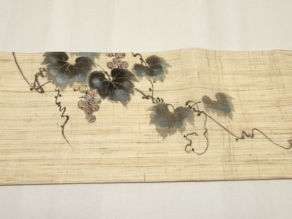 平和屋着物＊夏物　染色作家　桐山紫香　手描き　九寸名古屋帯　葡萄蔦の葉文　金彩　麻　逸品　CABJ5888tx