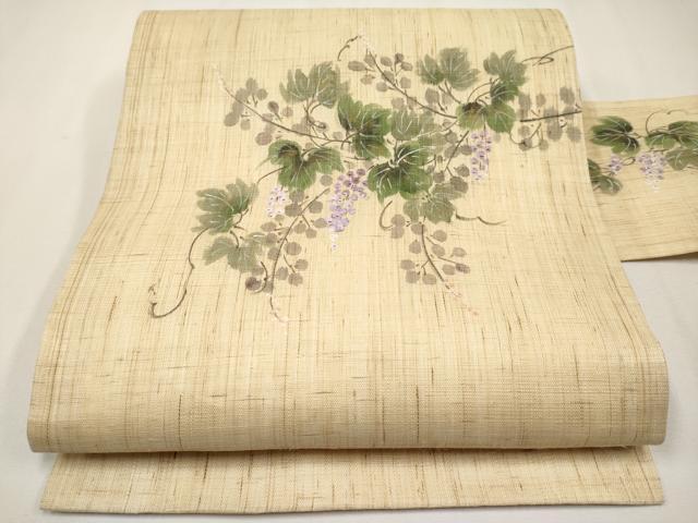 平和屋着物＊夏物　九寸名古屋帯　作家物　手描き　葡萄蔦の葉文　金彩　麻　逸品　CABJ5891tx