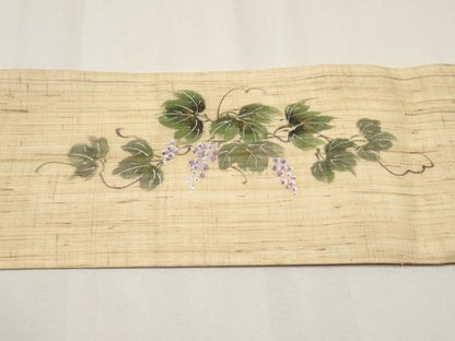 平和屋着物＊夏物　九寸名古屋帯　作家物　手描き　葡萄蔦の葉文　金彩　麻　逸品　CABJ5891tx