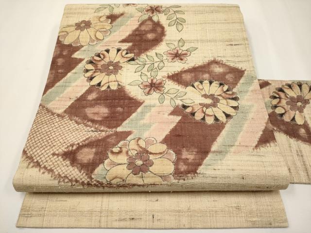 平和屋着物＊夏物　九寸名古屋帯　手描き　紬地　枝花文　逸品　CABJ5892tx