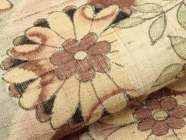 平和屋着物＊夏物　九寸名古屋帯　手描き　紬地　枝花文　逸品　CABJ5892tx