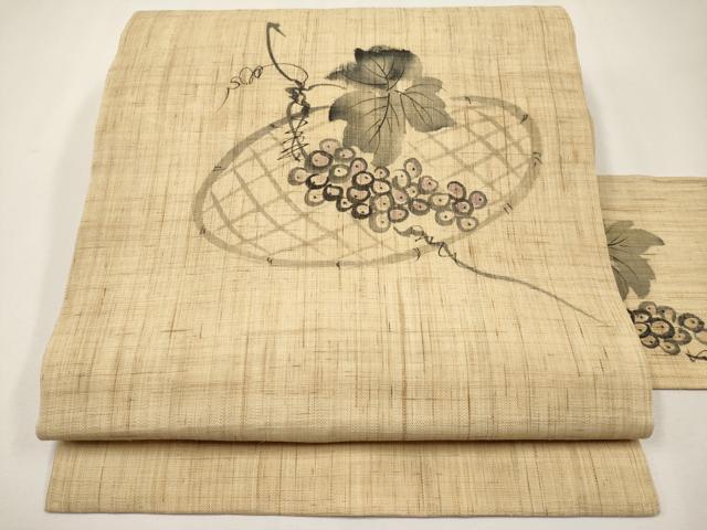 平和屋着物＊夏物　九寸名古屋　手描き　葡萄蔦の葉文　麻　逸品　CABJ5894tx