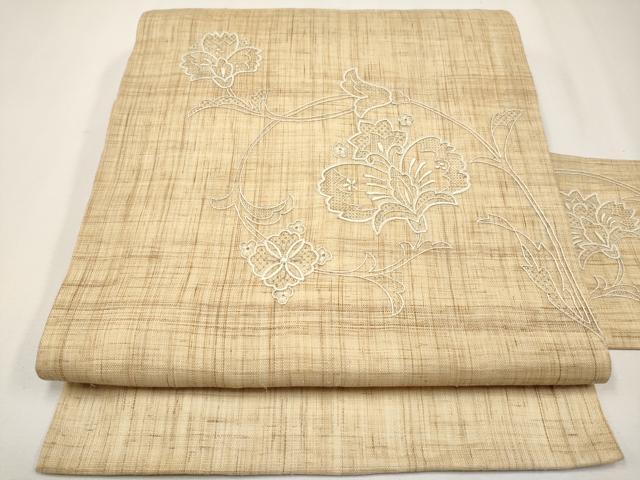 平和屋着物＊夏物　中国三大刺繍　スワトウ刺繍　総刺繍　九寸名古屋帯　更紗花唐草文　麻　逸品　CABJ5895tx