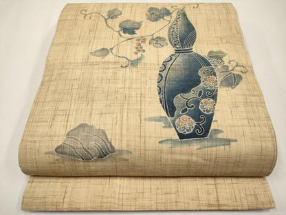 平和屋着物＊夏物　九寸開き名古屋帯　陶器葡萄蔦の葉文　麻　逸品　CABJ5896tx