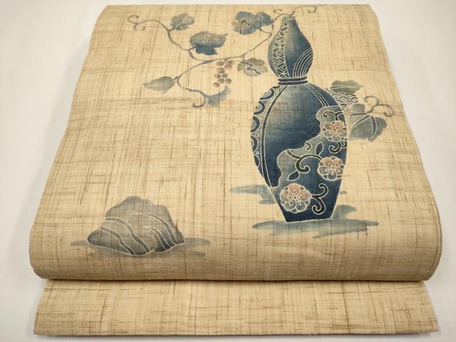 平和屋着物＊夏物　九寸開き名古屋帯　陶器葡萄蔦の葉文　麻　逸品　CABJ5896tx