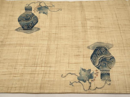 平和屋着物＊夏物　九寸開き名古屋帯　陶器葡萄蔦の葉文　麻　逸品　CABJ5896tx