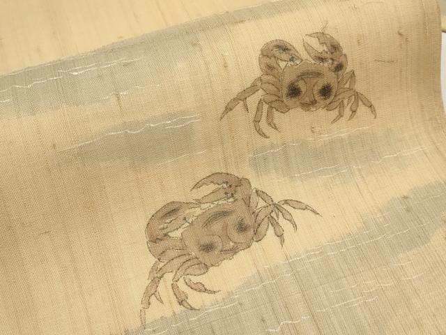 平和屋着物＊夏物　九寸名古屋帯　手描き　紬地　蟹　カニ　正絹　逸品　CABJ5922tx