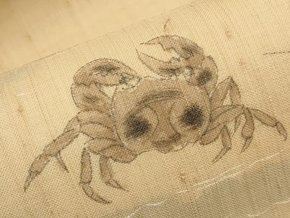 平和屋着物＊夏物　九寸名古屋帯　手描き　紬地　蟹　カニ　正絹　逸品　CABJ5922tx