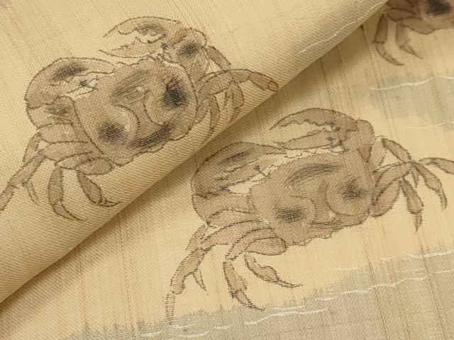 平和屋着物＊夏物　九寸名古屋帯　手描き　紬地　蟹　カニ　正絹　逸品　CABJ5922tx