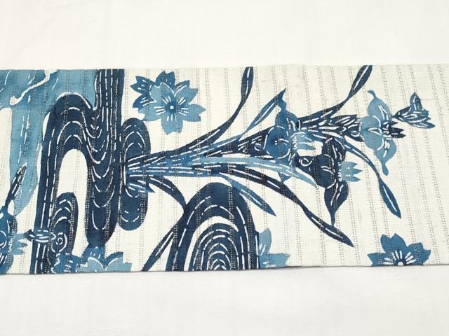 平和屋着物＊夏物　全通柄　九寸名古屋帯　藍　型染め　流水草花文　正絹　逸品　CABJ5941tx