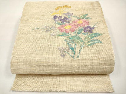 平和屋着物＊夏物　八寸名古屋帯　秋草文　正絹　逸品　CABJ5952tx