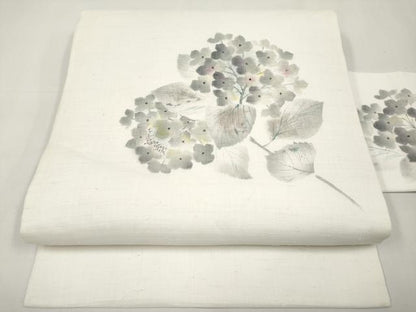 平和屋着物＊夏物　九寸名古屋帯　手描き　紫陽花　麻　逸品　CABJ5959tx