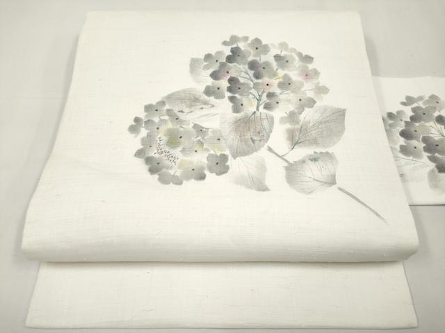 平和屋着物＊夏物　九寸名古屋帯　手描き　紫陽花　麻　逸品　CABJ5959tx