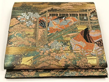 平和屋着物◎西陣　服部織物謹製　太鼓柄袋帯　平安絵巻文様　金銀糸　引箔　正絹　逸品　CABJ6003yk