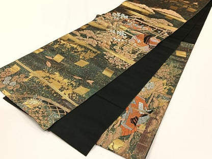 平和屋着物◎西陣　服部織物謹製　太鼓柄袋帯　平安絵巻文様　金銀糸　引箔　正絹　逸品　CABJ6003yk