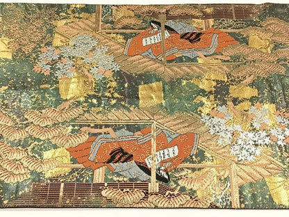 平和屋着物◎西陣　服部織物謹製　太鼓柄袋帯　平安絵巻文様　金銀糸　引箔　正絹　逸品　CABJ6003yk