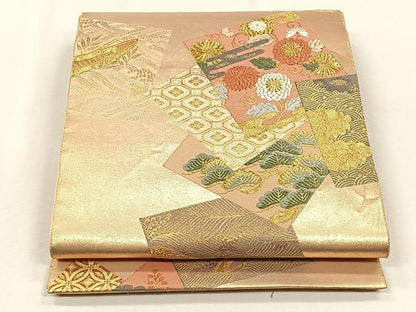 平和屋着物◎六通柄袋帯　唐織　色紙重ね草花文　金糸　正絹　逸品　CABJ6004yk