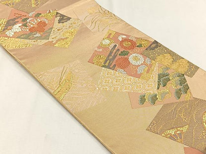平和屋着物◎六通柄袋帯　唐織　色紙重ね草花文　金糸　正絹　逸品　CABJ6004yk