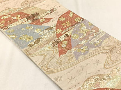 平和屋着物◎六通柄袋帯　唐織　流水草花文　金銀糸　正絹　逸品　CABJ6009yk
