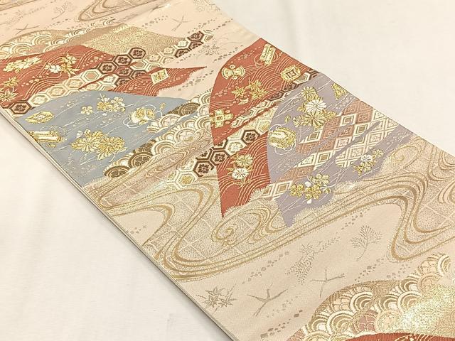 平和屋着物◎六通柄袋帯　唐織　流水草花文　金銀糸　正絹　逸品　CABJ6009yk