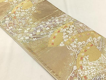 平和屋着物◎六通柄袋帯　唐織　檜扇舞花文　金糸　鈴乃屋扱い　正絹　逸品　CABJ6014yk