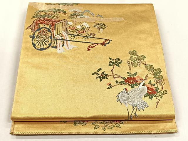 平和屋着物◎六通柄袋帯　唐織　御所車花文　金糸　正絹　逸品　CABJ6017yk