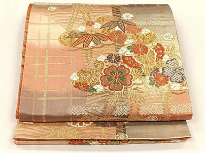平和屋着物◎両面　六通柄袋帯　花蝶文　金糸　正絹　逸品　CABJ6030yk