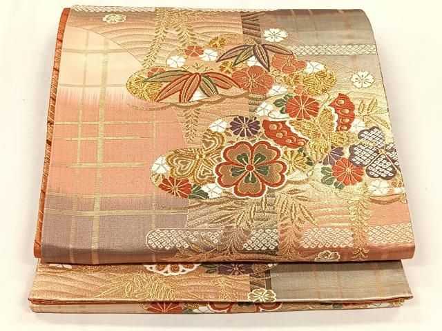 平和屋着物◎両面　六通柄袋帯　花蝶文　金糸　正絹　逸品　CABJ6030yk