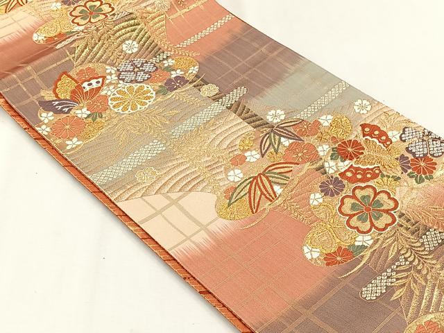 平和屋着物◎両面　六通柄袋帯　花蝶文　金糸　正絹　逸品　CABJ6030yk