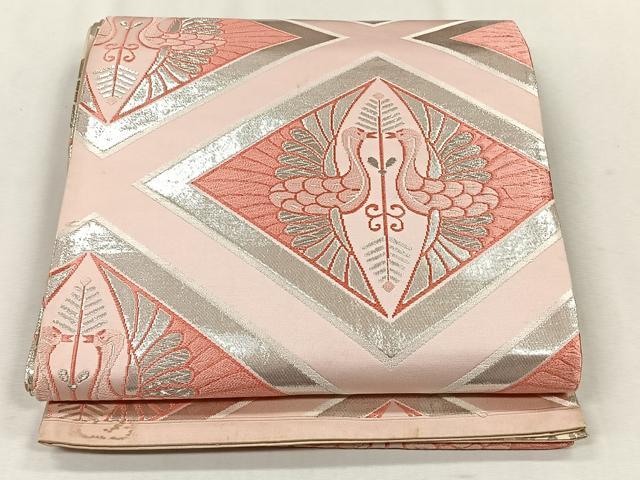 平和屋着物◎両面　全通柄袋帯　向かい鳥菱文　銀糸　正絹　逸品　CABJ6036yk