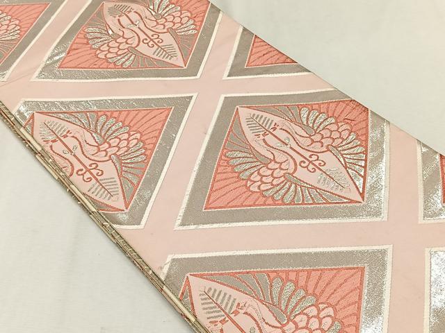 平和屋着物◎両面　全通柄袋帯　向かい鳥菱文　銀糸　正絹　逸品　CABJ6036yk