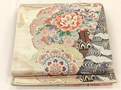 平和屋着物◎六通柄袋帯　唐織　牡丹翔鶴文　金糸　正絹　逸品　CABJ6039yk