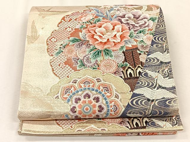 平和屋着物◎六通柄袋帯　唐織　牡丹翔鶴文　金糸　正絹　逸品　CABJ6039yk