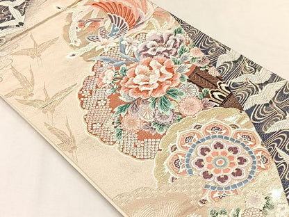 平和屋着物◎六通柄袋帯　唐織　牡丹翔鶴文　金糸　正絹　逸品　CABJ6039yk