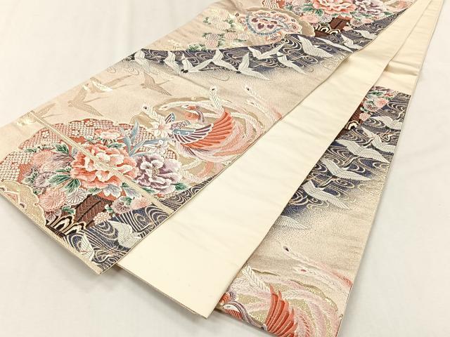 平和屋着物◎六通柄袋帯　唐織　牡丹翔鶴文　金糸　正絹　逸品　CABJ6039yk