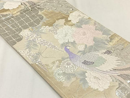 平和屋着物◎六通柄袋帯　孔雀花文　金銀糸　正絹　逸品　CABJ6046yk