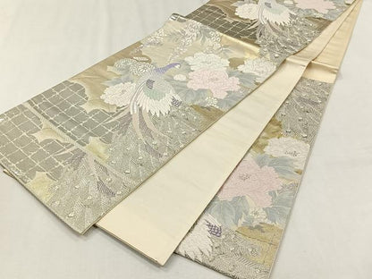 平和屋着物◎六通柄袋帯　孔雀花文　金銀糸　正絹　逸品　CABJ6046yk