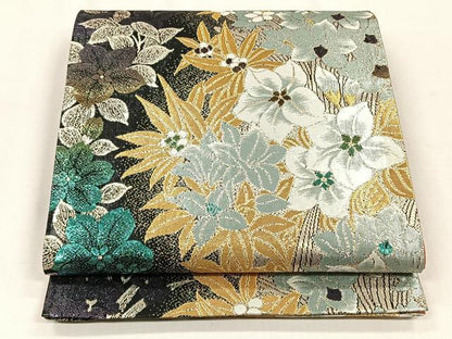 平和屋着物◎六通柄袋帯　舞花文　黒地　金糸　正絹　逸品　CABJ6053yk