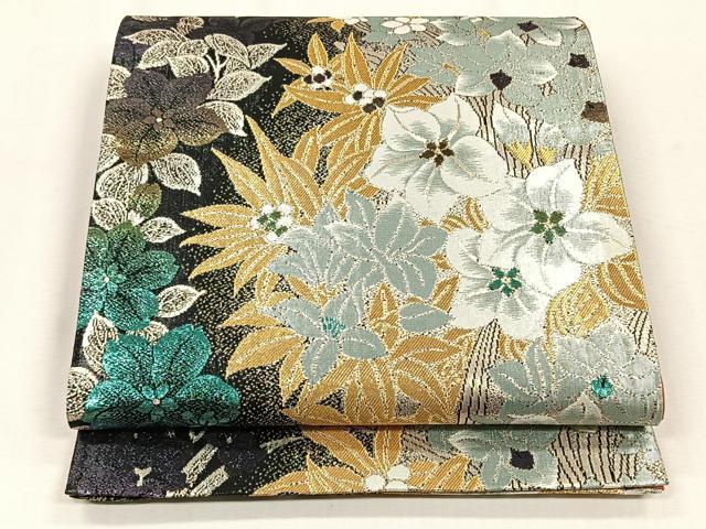 平和屋着物◎六通柄袋帯　舞花文　黒地　金糸　正絹　逸品　CABJ6053yk