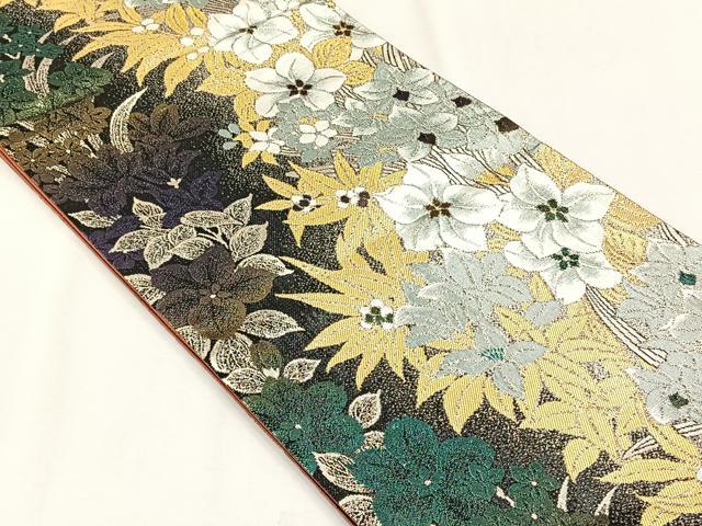 平和屋着物◎六通柄袋帯　舞花文　黒地　金糸　正絹　逸品　CABJ6053yk