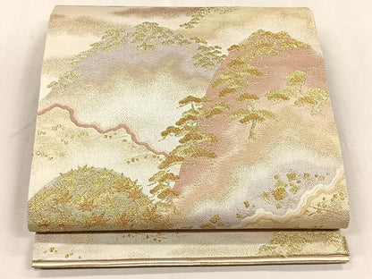 平和屋着物◎六通柄袋帯　遠山草木文　金糸　正絹　逸品　CABJ6058yk