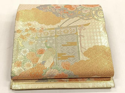 平和屋着物◎佐賀錦　六通柄袋帯　孔雀花文　金糸　正絹　逸品　CABJ6066yk