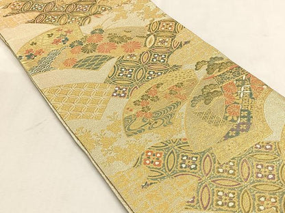 平和屋着物◎佐賀錦　六通柄袋帯　地紙重ね草花文　金糸　正絹　逸品　CABJ6067yk