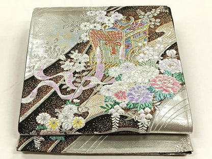 平和屋着物◎六通柄袋帯　御所車花文　黒地　金銀糸　正絹　逸品　CABJ6072yk