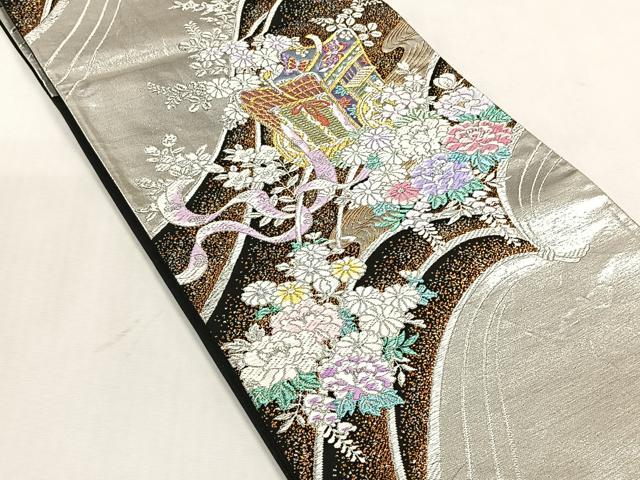 平和屋着物◎六通柄袋帯　御所車花文　黒地　金銀糸　正絹　逸品　CABJ6072yk